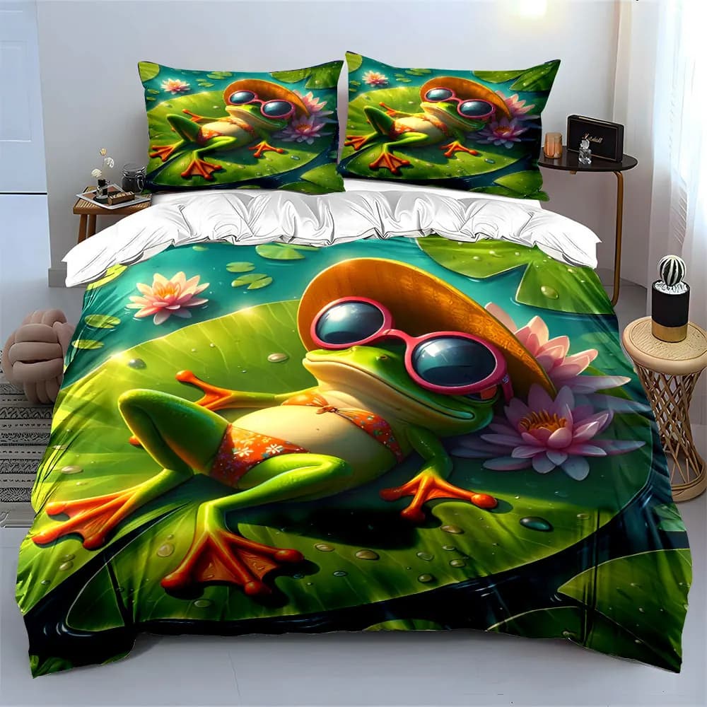 Set decorativo Summer Frog, set di biancheria da letto morbido e delicato sulla pelle, include 1 copripiumino e 2 federe, regalo