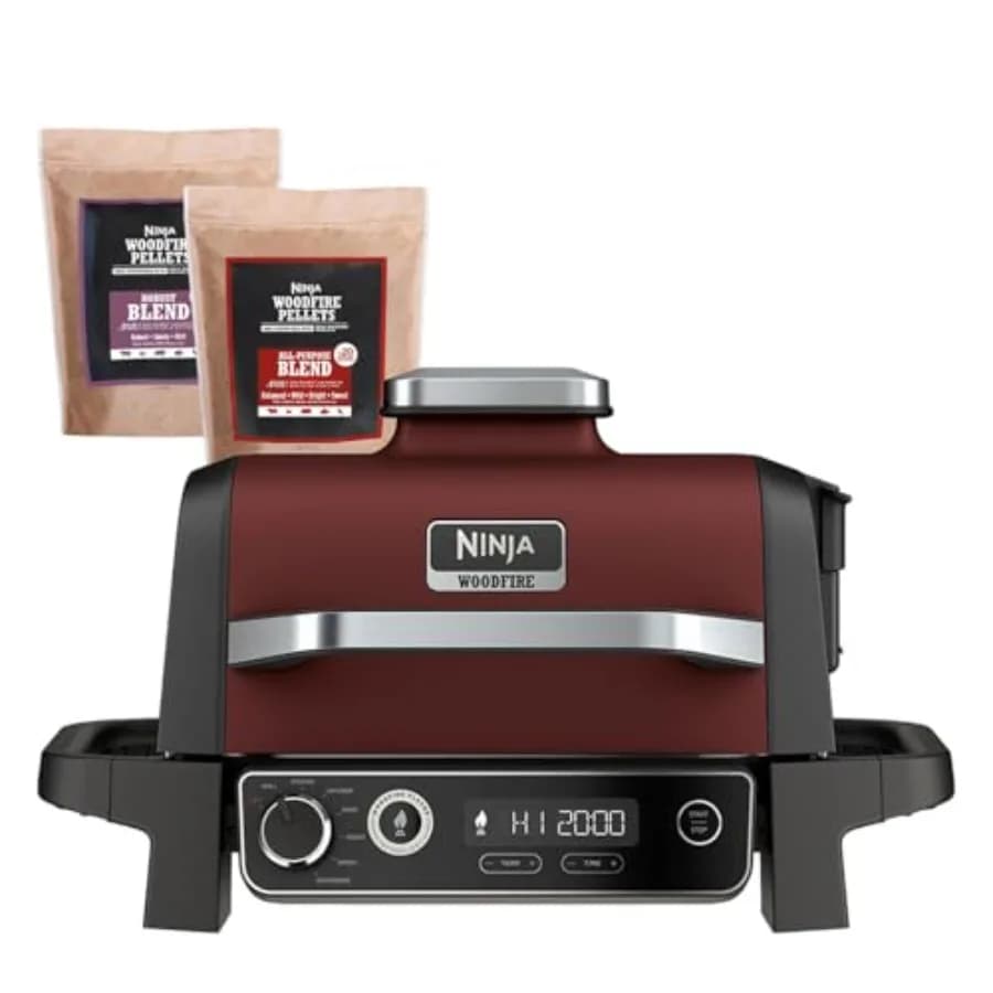 Grill Electric Smoker Portable 7-in-1 Red with Wood Pellet, Air Fryer, Cooking Functions, Roast, Dehydration and Grilling