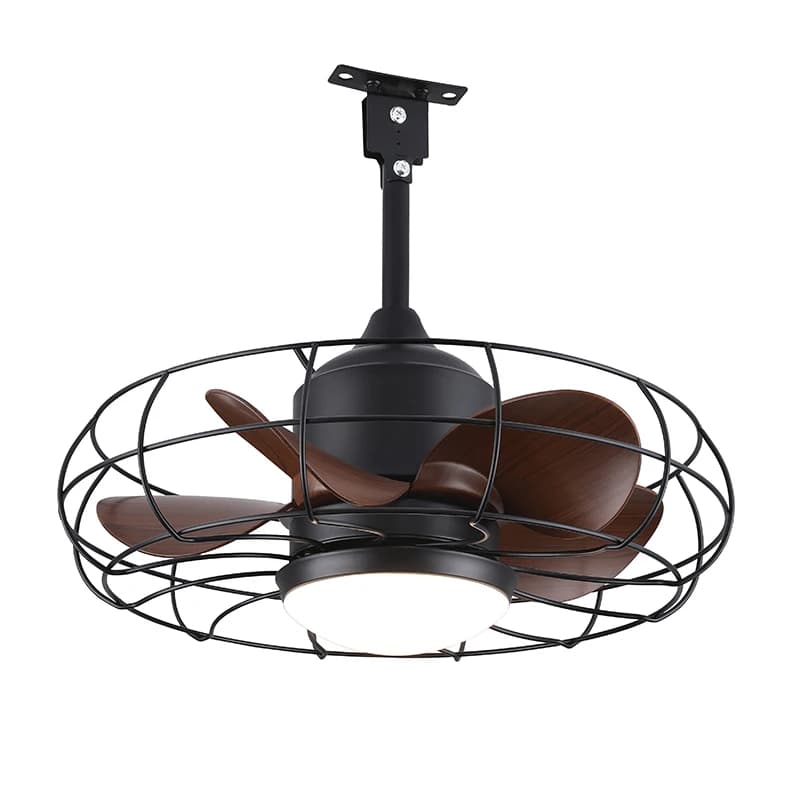Stile industriale esterno Semplice e moderno Illuminazione tricolore Gabbia rotonda nera Piccolo ventilatore elettrico sospeso con lampada a LED
