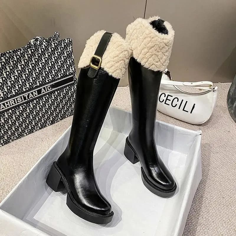 Comfort Inverno Stivali lunghi marroni alti al ginocchio Tacco quadrato Zip Stivali Faion da donna Tubo ort Tacco piatto Innalzamento interno