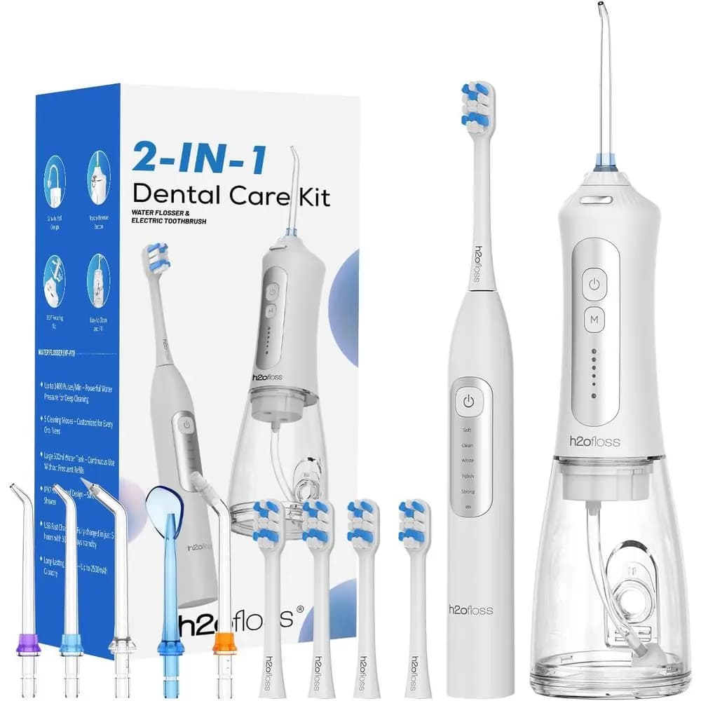 Spazzolino Elettrico Ricaricabile e Idropulsore 2-in-1, Spazzolino 2000mAh, Idropulsore 2500mAh, Serbatoio 300ml, 4 Spazzole, 5 Ugelli
