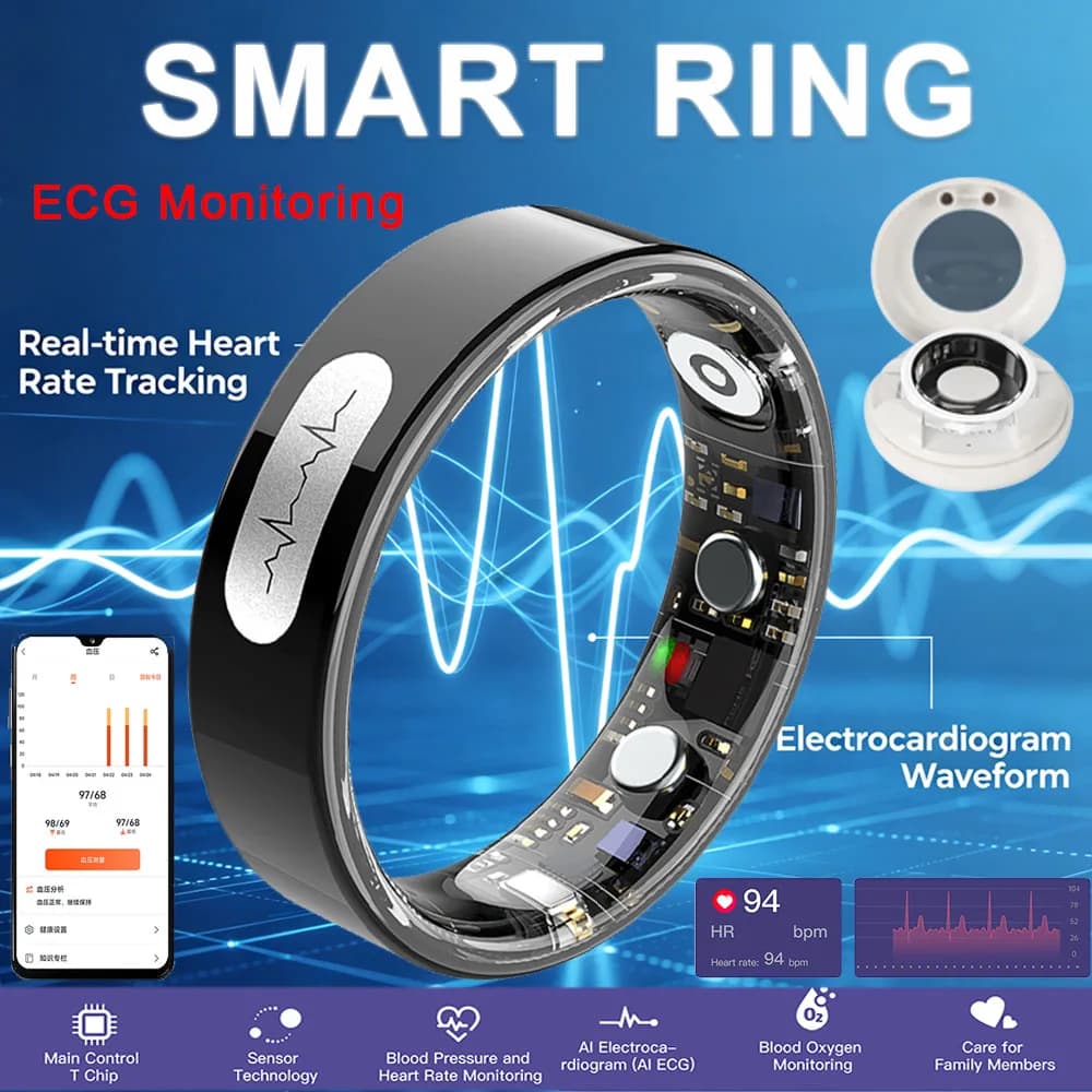 Nuovo Anello Smart ECG 2026 con Custodia di Ricarica, Monitoraggio Pressione Sanguigna, Frequenza Cardiaca, Sonno, Impermeabile 5ATM+IP68, Modalità Sport Multiple