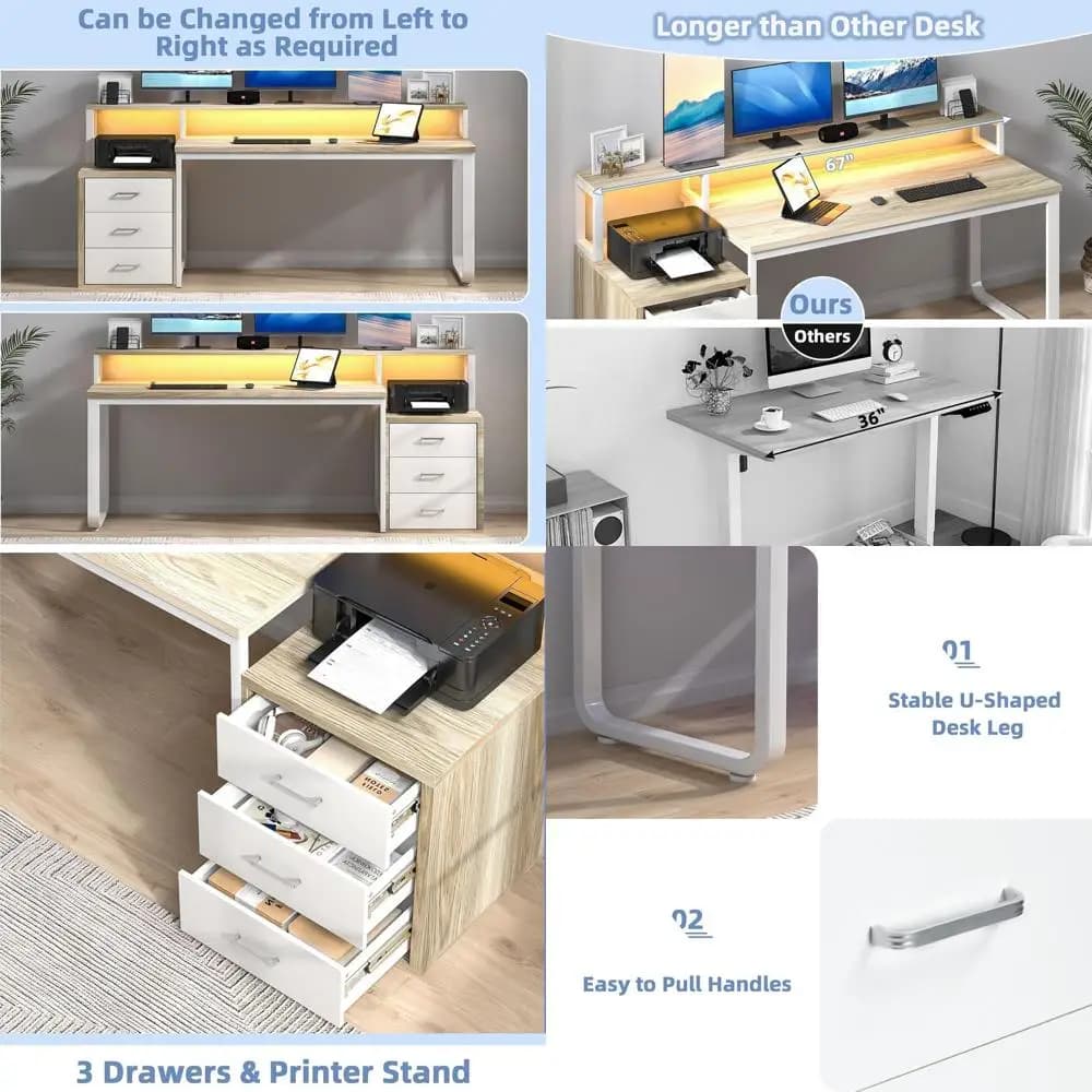 67 White and walnut reversible desk with 3 drawers, LED light, monitor support and printer shelf