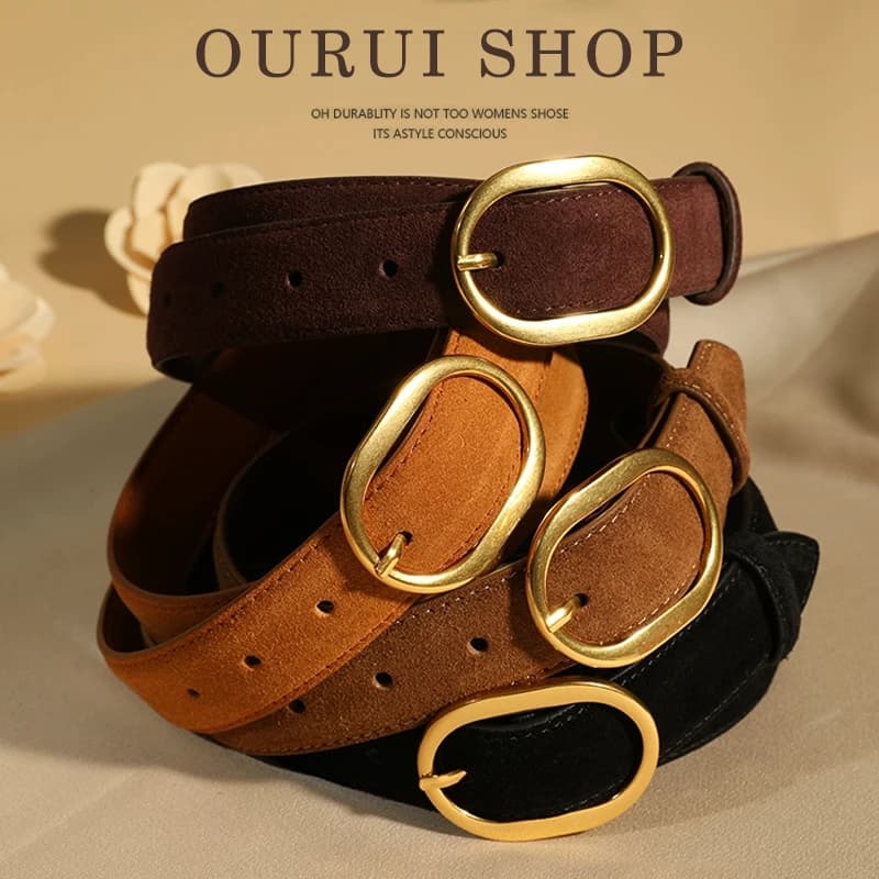 Cintura in Pelle Scamosciata da Donna con Fibbia in Lega Dorata, Larghezza 2,8 cm, Stile Designer alla Moda per Jeans e Cappotti