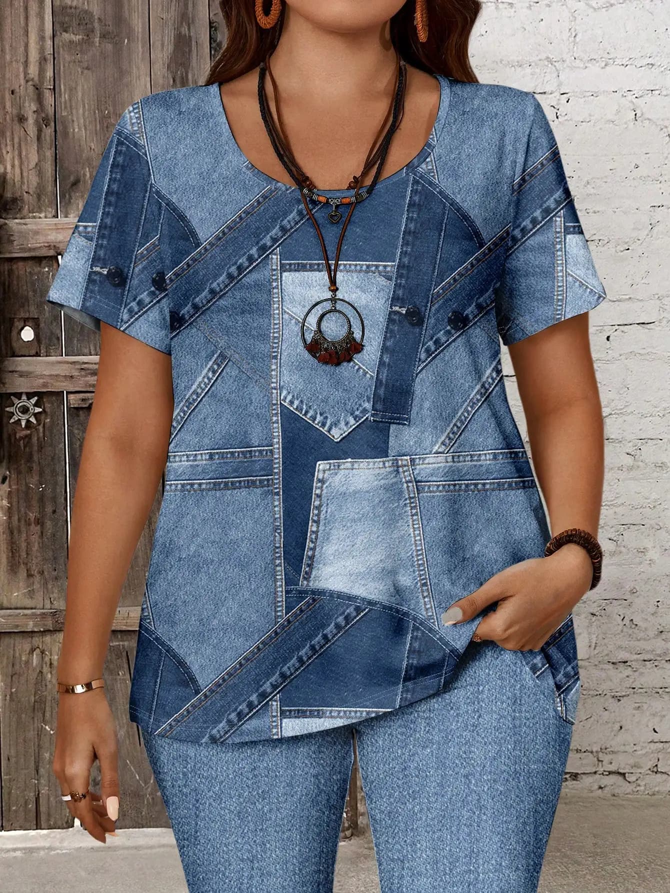 T-shirt casual da donna con effetto denim patchwork e leggings a 3/4, set da 2 pezzi