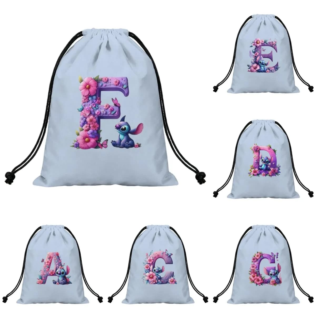Cartoon Stich A-Z Alphabet Flower Print Drawstring Bag Portable Storage Backpack Gift for Students Outdoor Sports