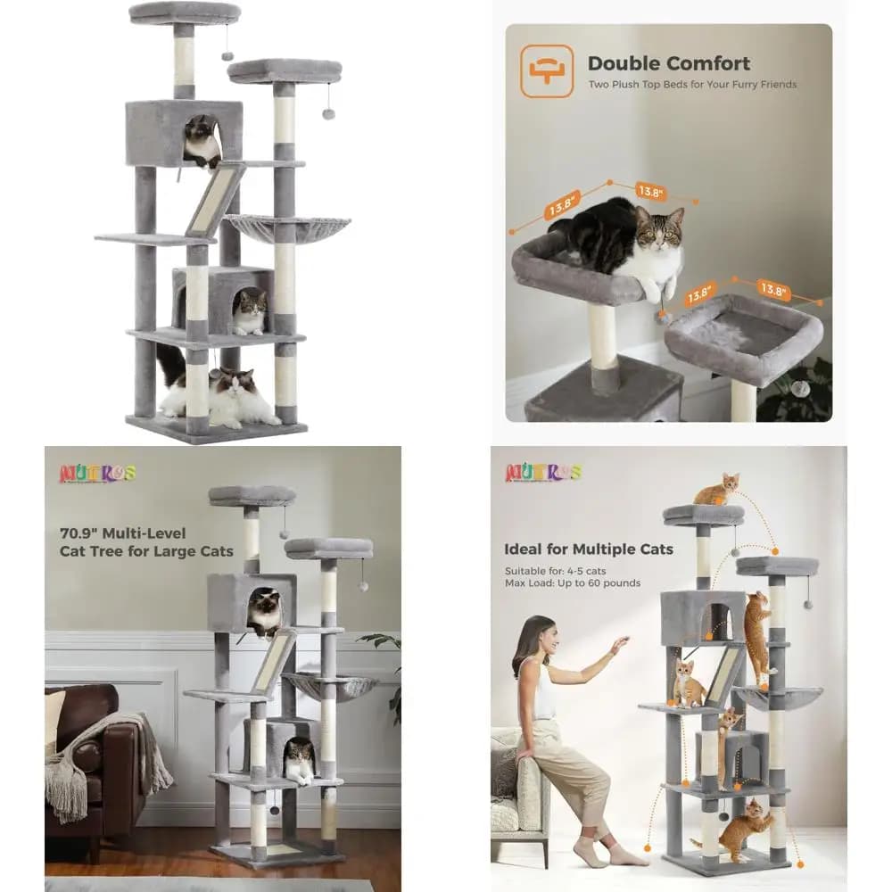 Condo per gatti in peluche multilivello per interni con 6 tiragraffi, 2 tavole, grande albero per gatti per gatti, alto 70,9 pollici