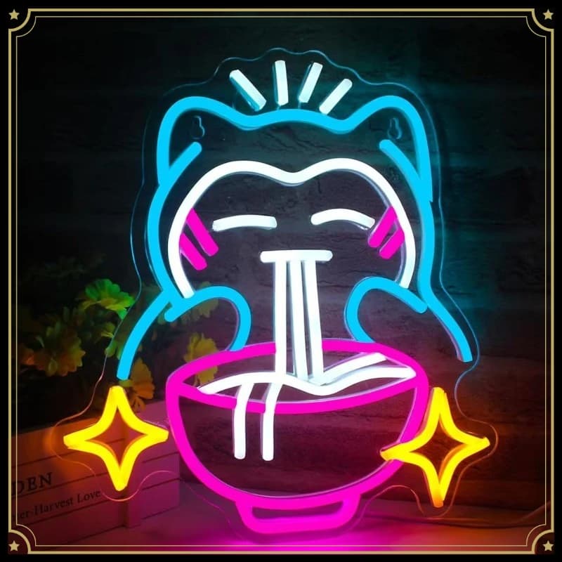 2026 new model, neon cat eats noodles modeling luminous light sign, noodle shop Internet celebrity wall decoration billboard