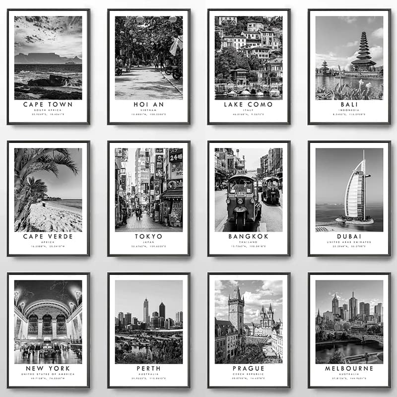 Dubai Prague Sydney Perth Tokyo Travel City Black White Poster Print Canvas Painting Wall Art Picture for Living Room Home Decor