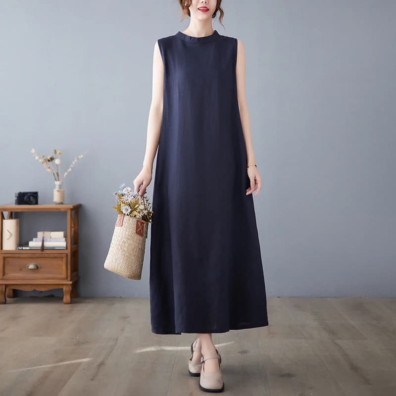 Abito Estivo Senza Maniche in Cotone e Lino per Donna, Sottile, Artistico, Casual, Morbido, che Nasconde le Forme, Gonna Lunga a Linea A