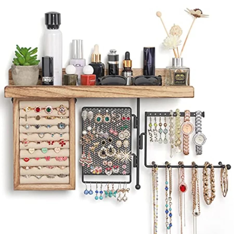 Hanging Jewelry Organizer Wall Mount with Rustic Wood Shelf, Ring Display Box, Ear Studs Earring Holder, Rotating Necklace Hold