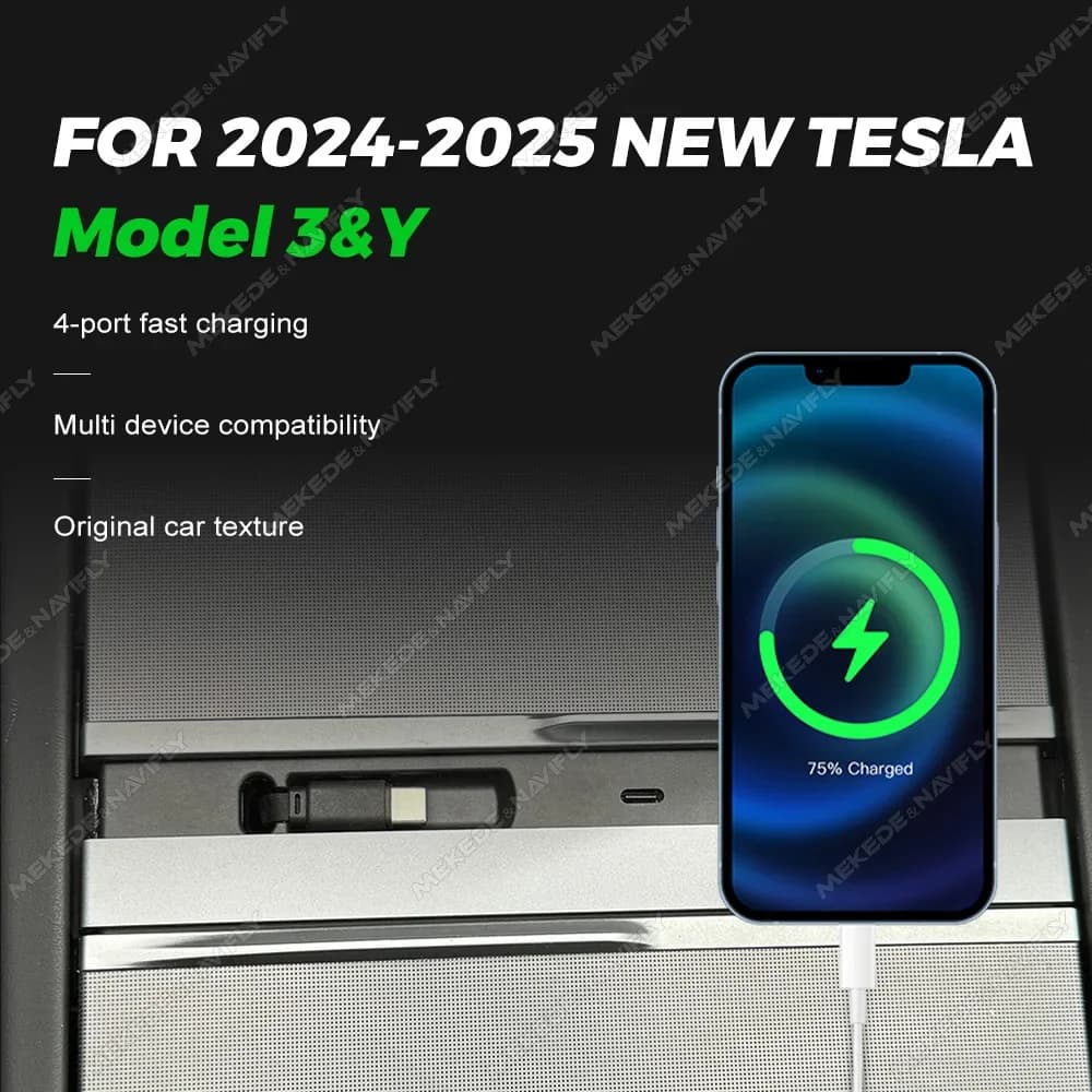 For Tesla Model 3 and Y 2024 2025: USB Hub Retractable for Central Console with Phone Charger and Quick Charging Station at 4 Ports Type-C