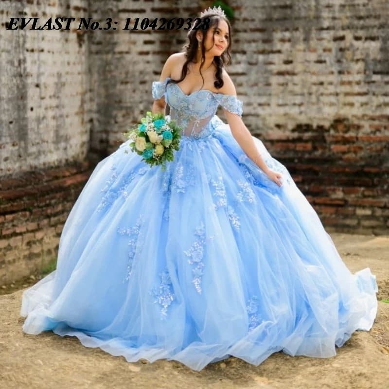 EVLAST Personalizzato 2026 Cielo Blu Abito Quinceanera Abito di Sfera Applique Floreale Che Borda Corsetto Dolce 16 Abiti 15 De Anos E3Q889