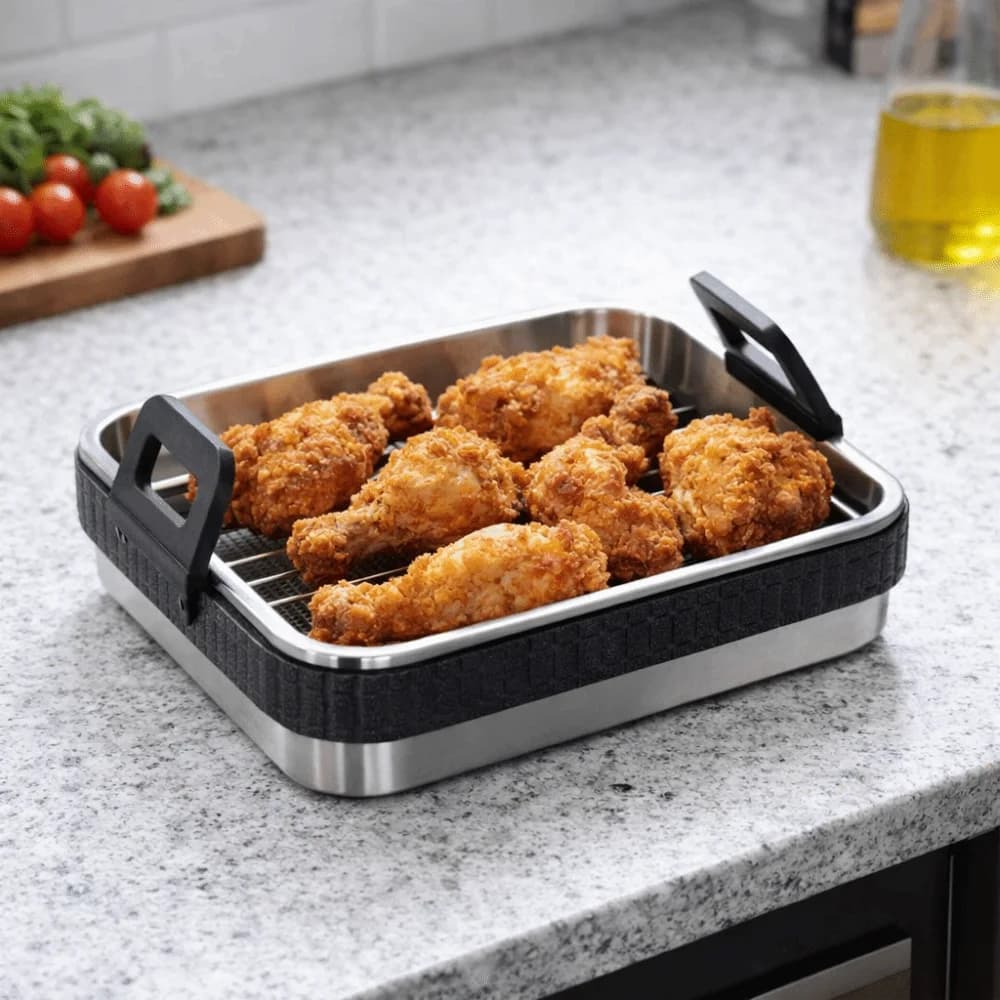 Stainless Steel Anti-coating Baking Machine for Air Fryer with Silicone Handle, Heat Resistant, Rectangular