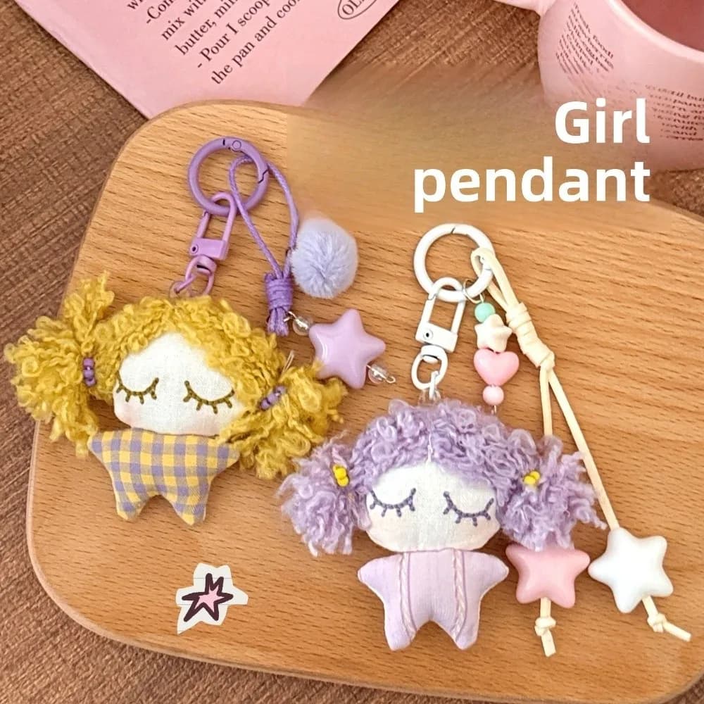 Cute Star Little Girl Keychain Ball Stuffed Cartoon Bag Pendant Soft Car Key Ring Bag Pendant