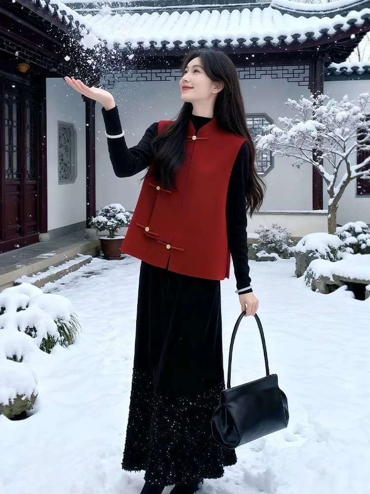 Giacca Invernale da Donna Stile Cinese con Bottoni, Nuova Collezione Rossa con Collo Alto, Spirito Nazionale, Portafortuna, Cappotto con Spalle Imbottite
