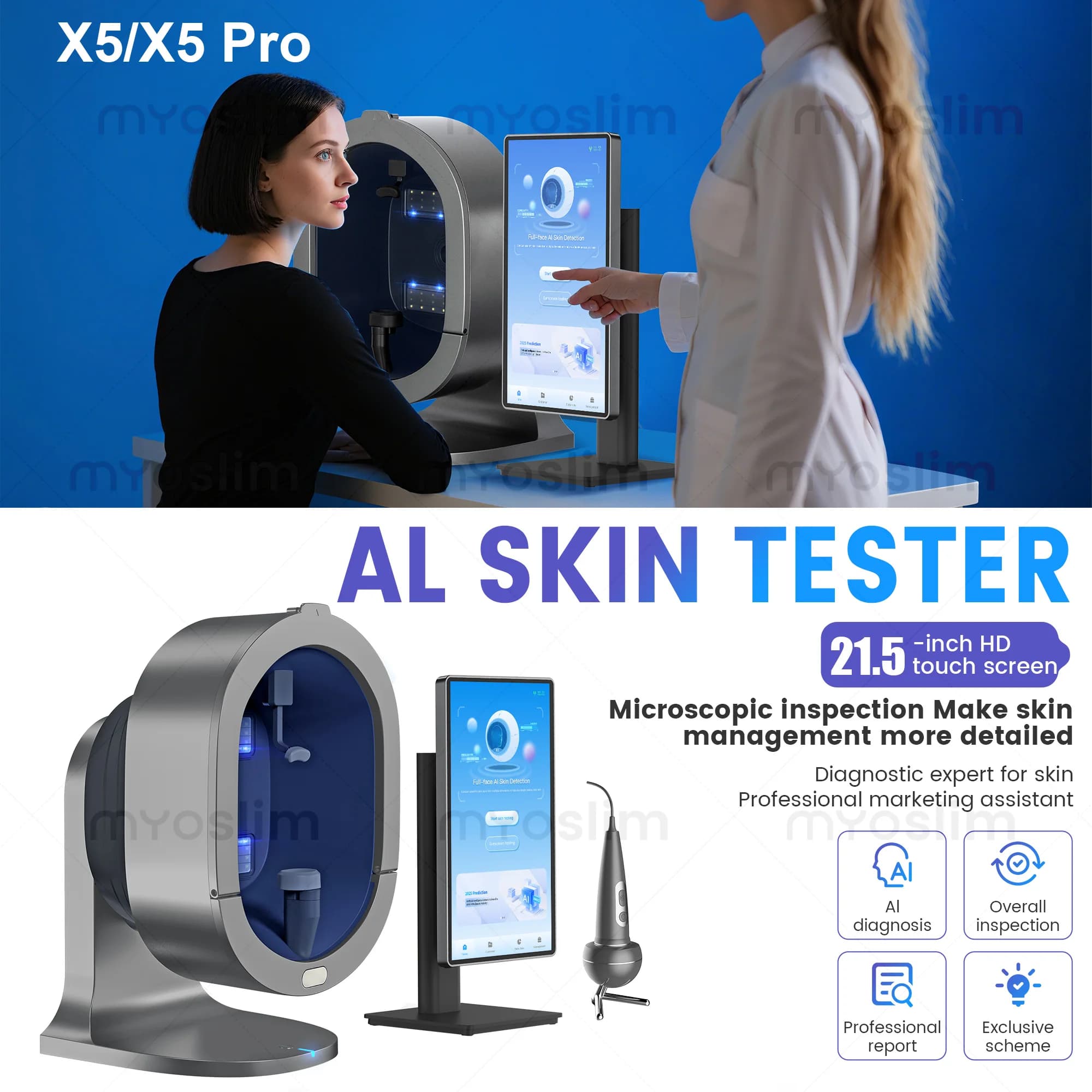 Upgraded X5 PRO 3D Ai Skin Image Analyzer High Definition Pixels Whole Facial Scanning Multi Spectrum Moisture Scalp Detection