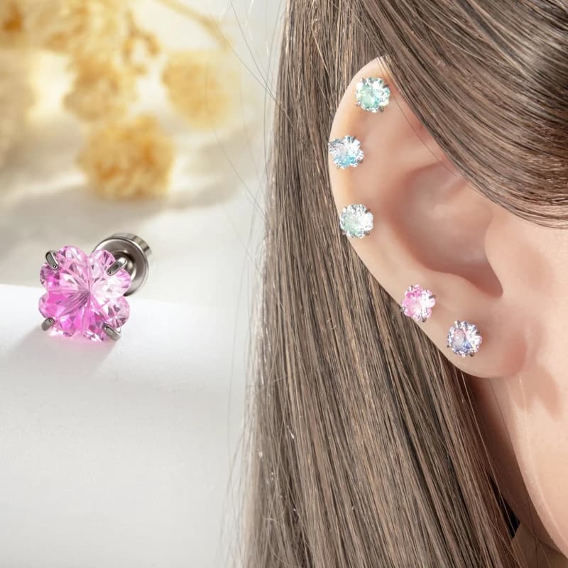Earrings with Zirconia Cubica Floreale 20G, Ipoallergenic CZ Earrings in Titanium Impilable for Sensitive Earrings, Trendy for Women and Girls