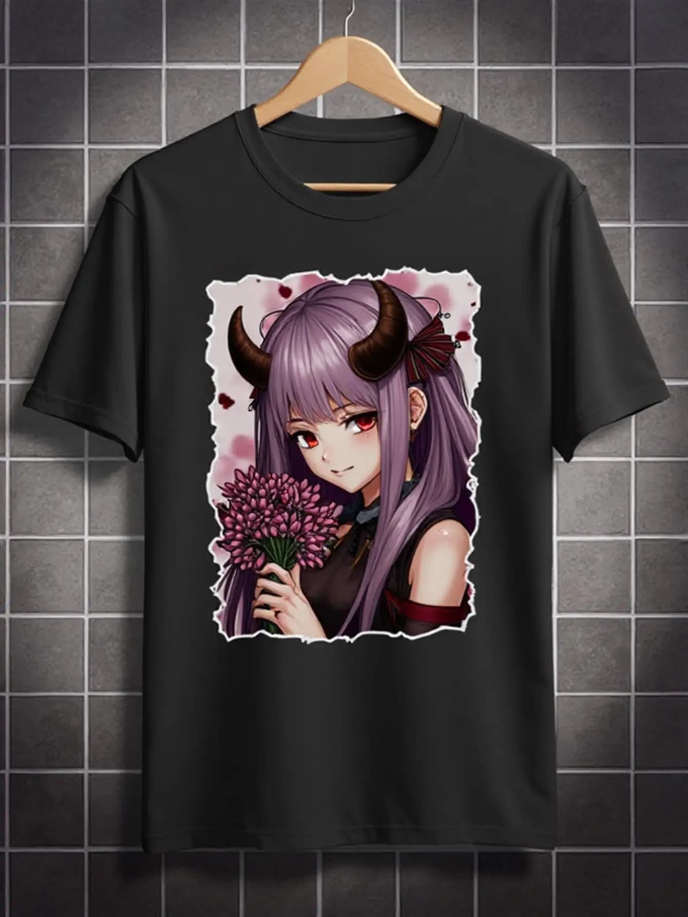 T-shirt con ragazza dai capelli viola e stampa artistica manga giapponese, morbido 100% puro cotone, camicia casual a maniche corte girocollo, modello durevole a trasferimento di calore, adatto per esposizioni, abbigliamento quotidiano, come regalo per i fan degli anime, nero alla moda