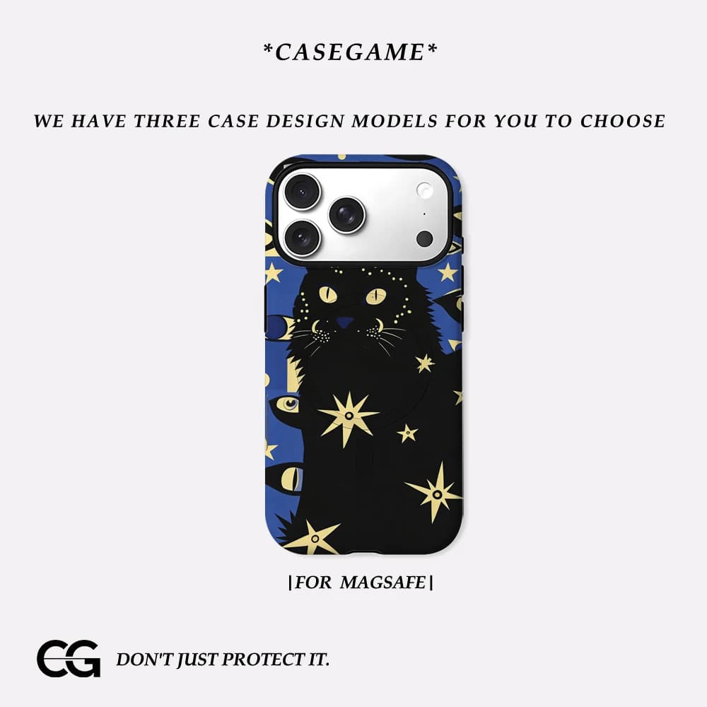 Casegame Cover Opaca Antiurto per iPhone 17 16 15 14 Plus 13 Pro Max con Bumper per MagSafe, in PC Rigido, Design Gatto Nero Mistico