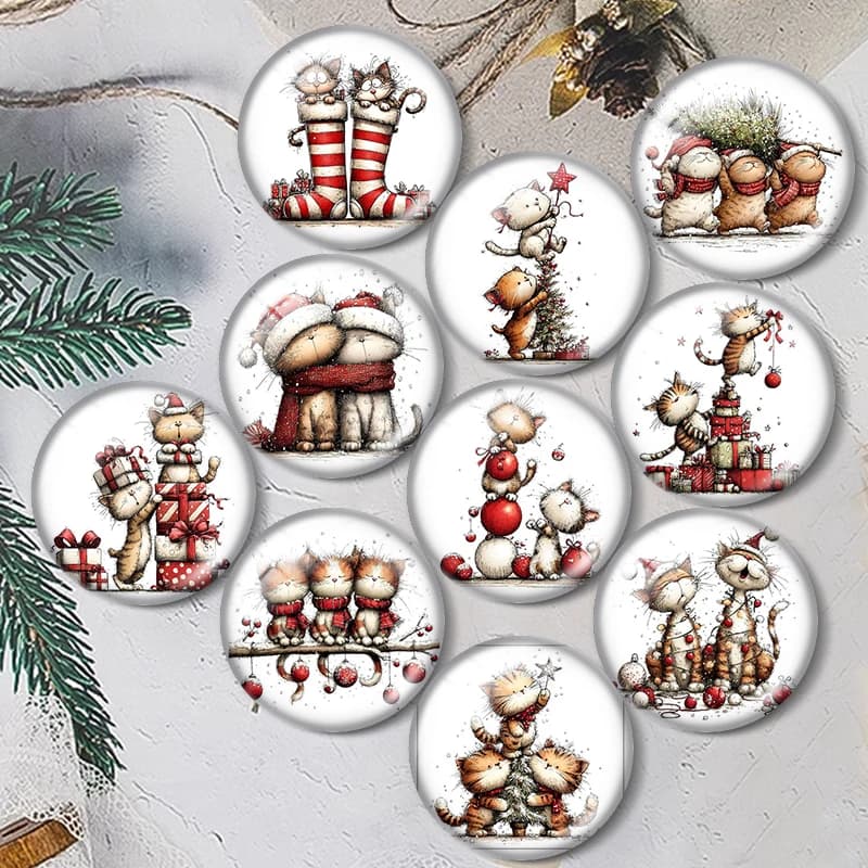 Christmas Watercolor Cat 12/18/20/25mm glass cabochon bracelet pendant rings for jewelry demo earrings back Making findings