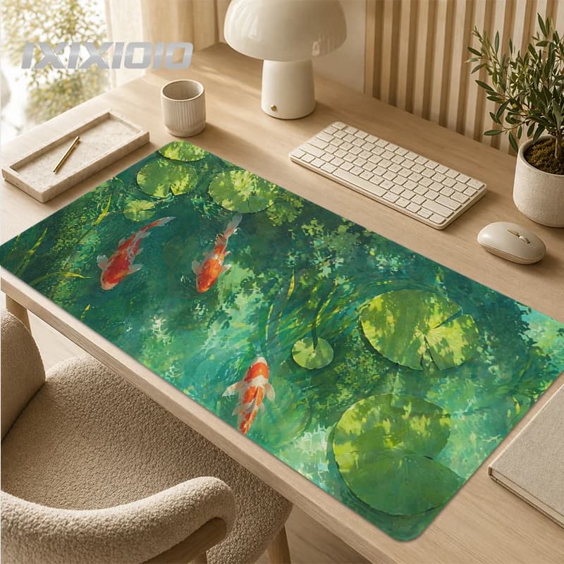 Tappetino per mouse Green Leaf Koi Aesthetics Gaming stampato su richiesta, tappetino per mouse XXL antiscivolo in gomma naturale, tappetino morbido da tavolo