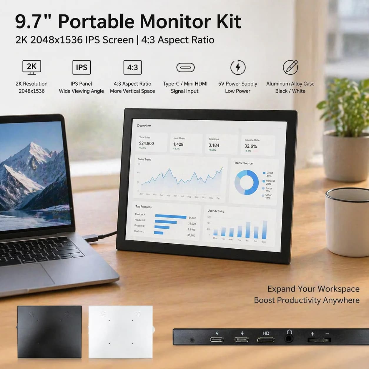 Monitor Secondario Portatile IPS 2K da 9,7 Pollici 4:3 con Ingresso Type-C/mini HDMI 2048x1536 per Laptop, Raspberry Pi, PC, Display Esterno