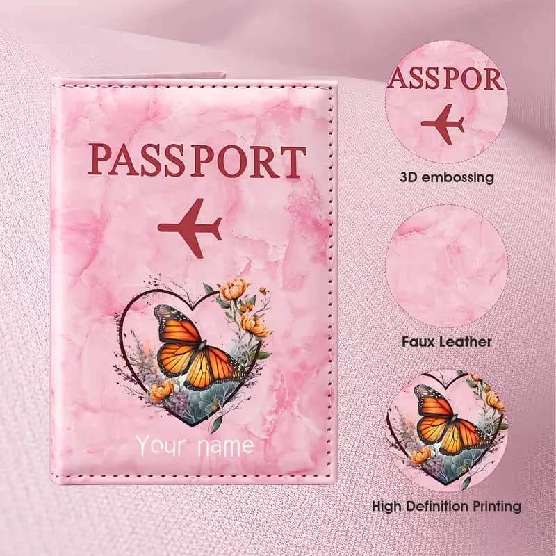 Custom Name Heart Butterfly Floral Art Design Passport Holder, Pattern Features Orange Butterfly Heart-Shaped Wreath Elements