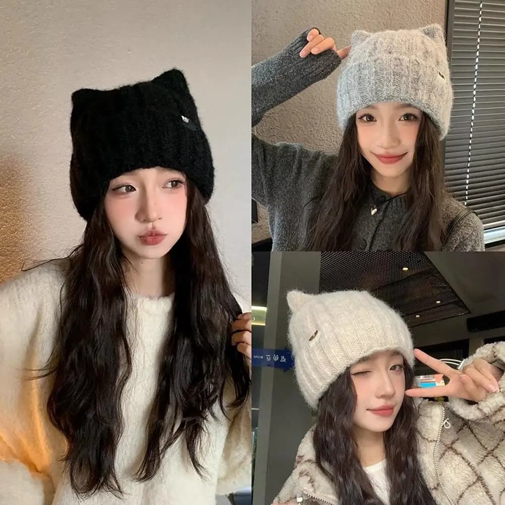 Simpatico cappello di lana con orecchie di gatto per bambini, cappello invernale in pile ispessito in stile giapponese con protezione per le orecchie, caldo berretto lavorato a maglia