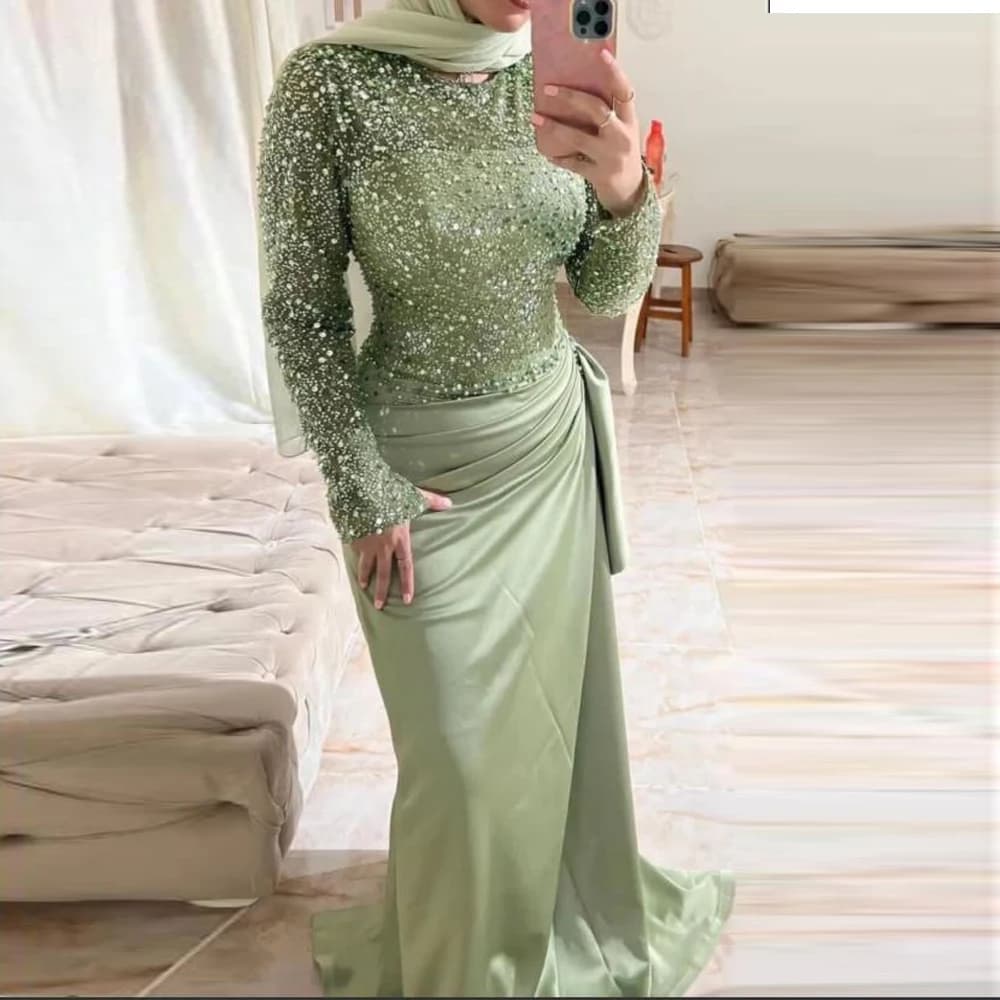 Customized Sage Green Soiree Evening Dress O Neck Full Sleeve Abiye Wedding Party Gown with Sequin Draped Muslim Formal Oufits