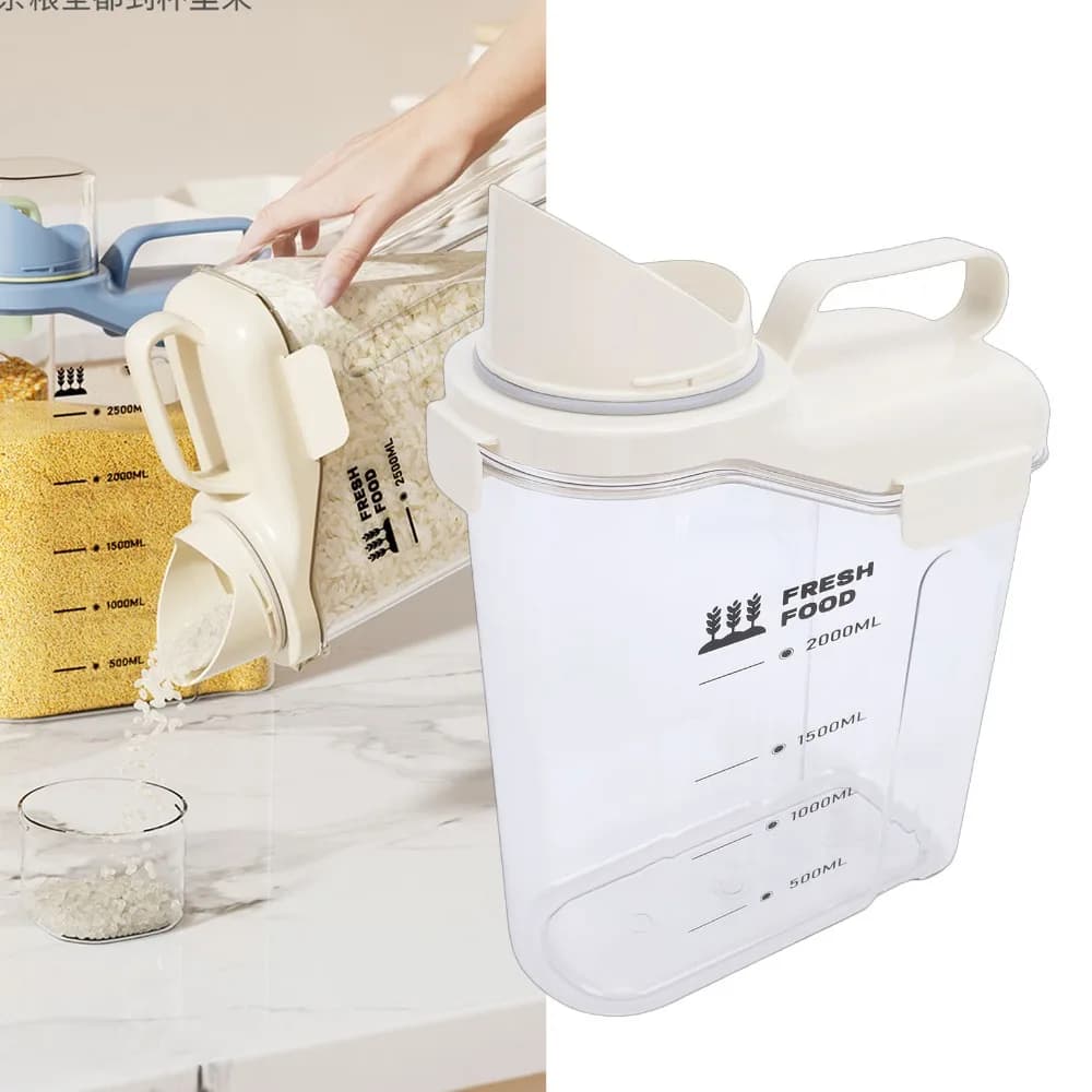 Durable PET Plastic Rice Storage Container 2300ml Beige Cereal Dispenser Food Storage Canister Kitchen Storage