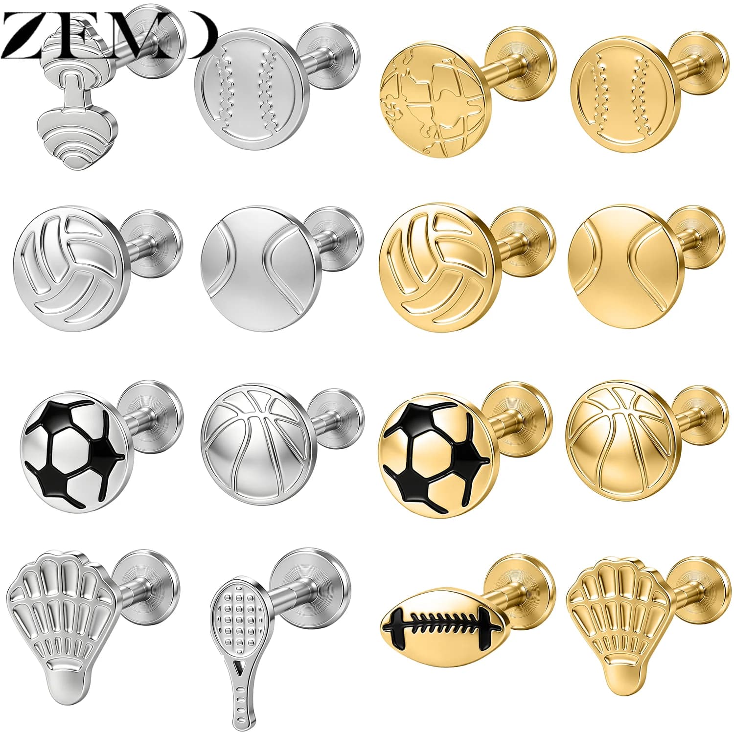 ZEMO 1PC 16G Sports Lip Ear Stud Stainless Steel Baseball Volleyball Football Soccer Stud Earrings Labret Piercing Jewelry 6/8MM