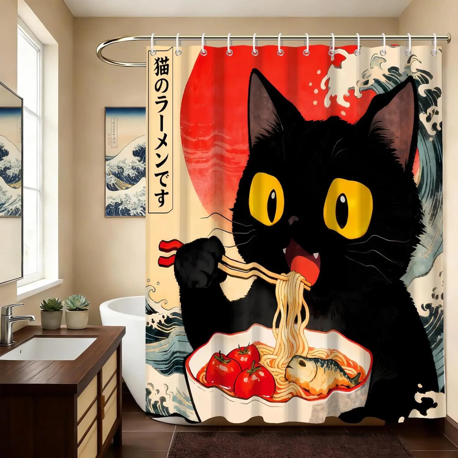 Divertente Tenda Doccia con Gatti, Simpatica Tenda Doccia Impermeabile in Tessuto con Gatti Anime Giapponesi, Lavabile, Decorazione per il Bagno