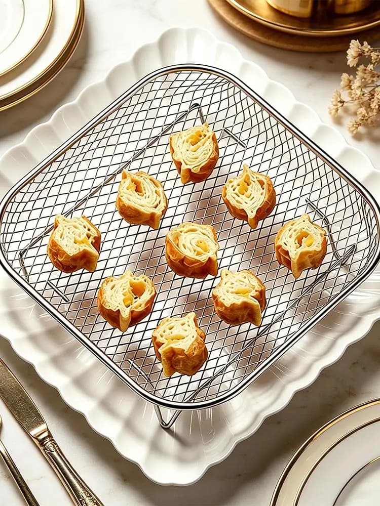 Stainless Steel Air Fryer Tray Food Grade Square Stackable Air Fryer Mesh Basket for Oven Microwave Steamer Home Kitchen Bakery