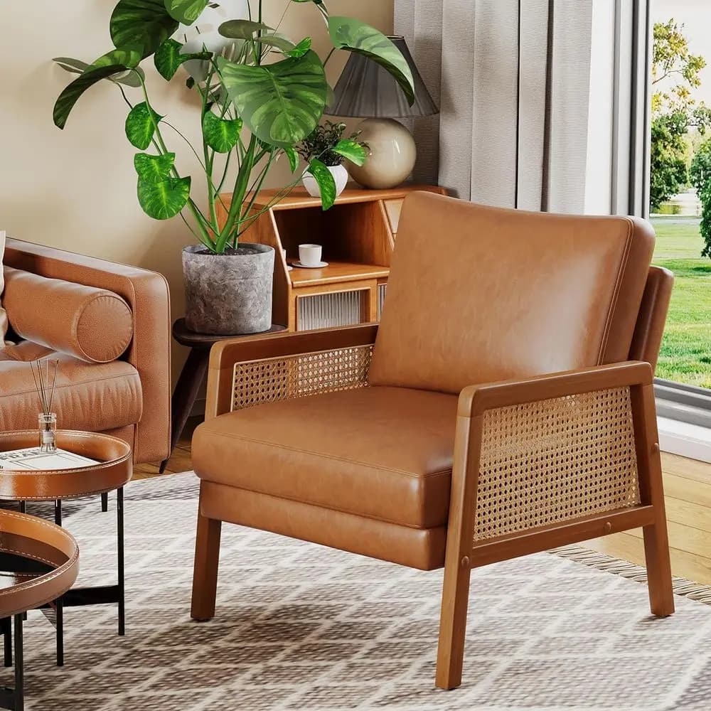 Poltrona in Rattan Naturale con Cuscino Imbottito, Ideale per Soggiorno, Camera da Letto o Angolo Lettura
