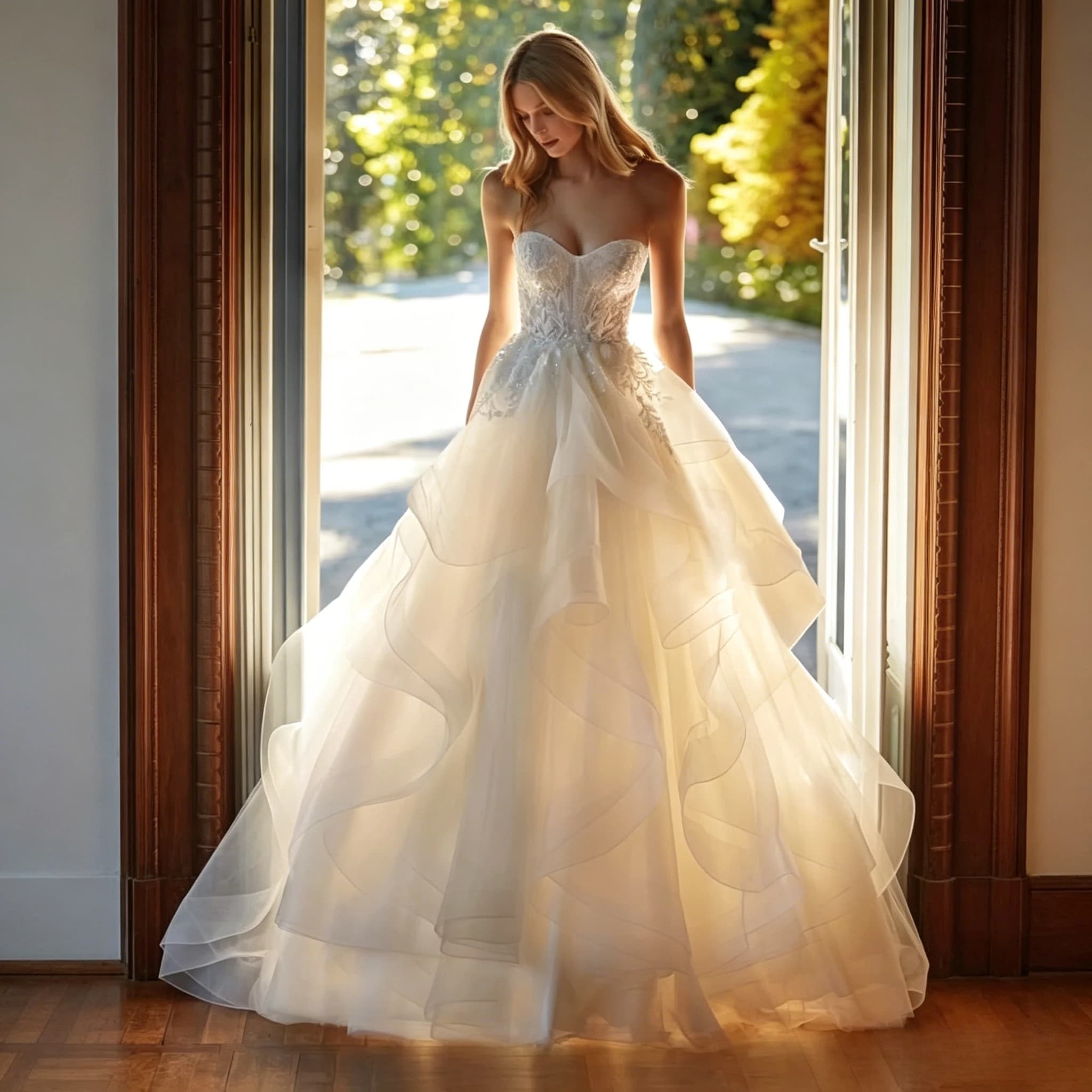 Customized Romantic Outdoor Wedding Ball Gown Featuring Strapless Sweetheart Bodice Covered in Delicate Beaded Lace Embroidery