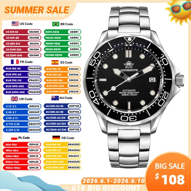 ADDIESDIVE NH35A Orologi automatici da uomo BGW9 Orologio da polso impermeabile luminoso Orologio subacqueo di lusso con vetro zaffiro e lunetta in ceramica