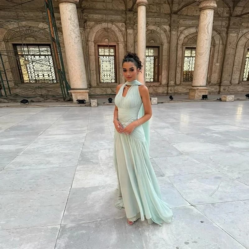 Abiti da Sera Verde Menta Qazn Dubai in Chiffon, Lunghi, Linea A, Eleganti per Eventi Speciali, Abiti da Festa Senza Schiena Personalizzabili