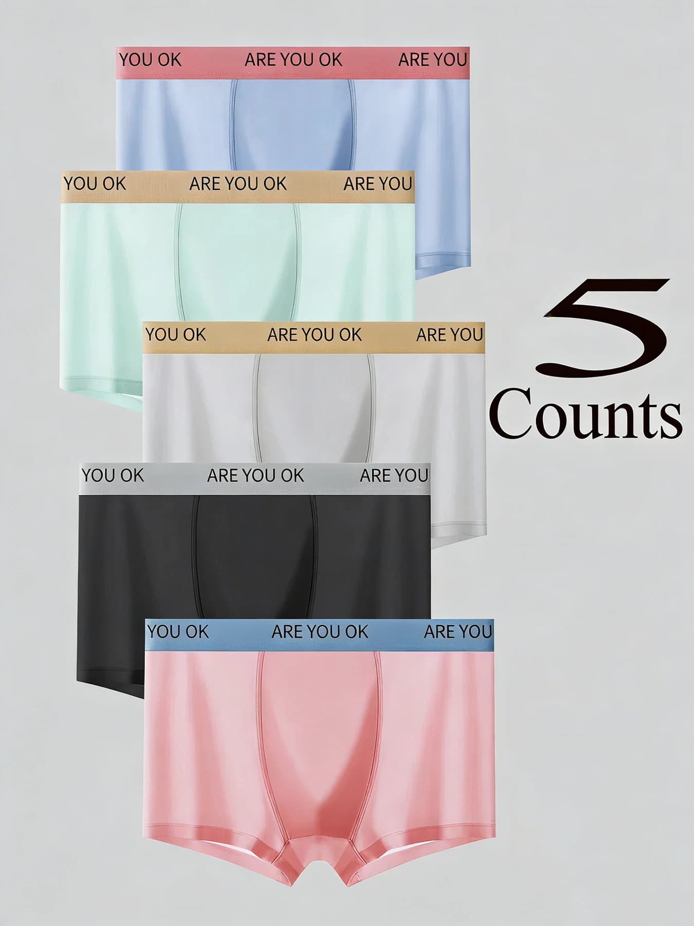 "ARE YOU OK" Fun Waistband Men's Boxer Briefs (5-Pack) Silky Breathable Multi-Color Underwear