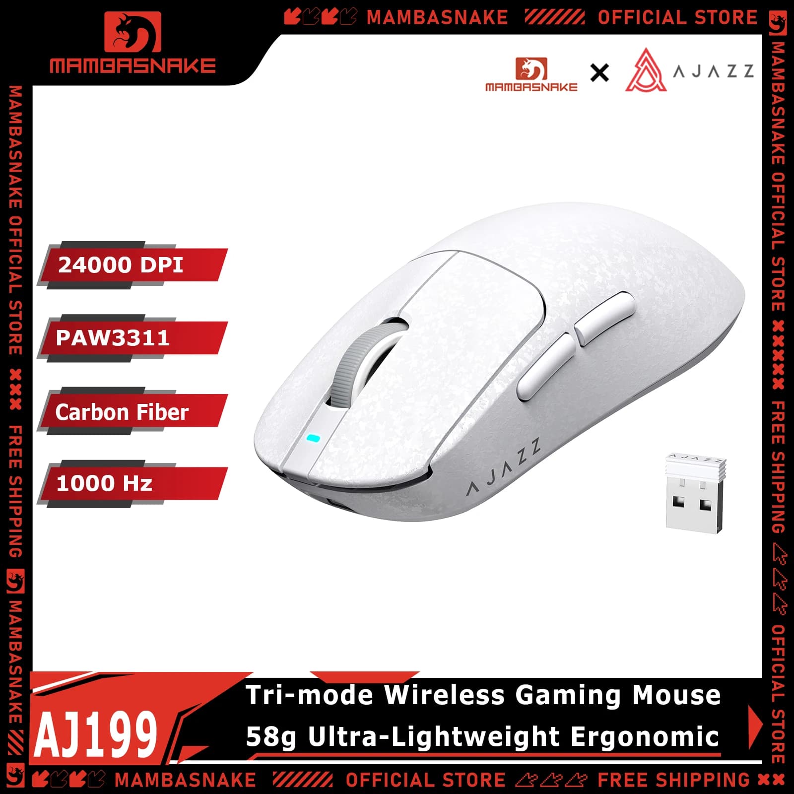 MAMBASNAKE x AJAZZ AJ199 Tri-mode Wireless Gaming Mouse Carbon Fiber 24000 DPI PAW3311 58g Ultralight Rechargeable For PC Mac