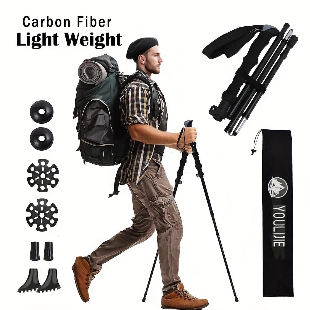 Pack of 2 lightweight folding sticks made of 100% carbon fiber for walks and excursions - for men and women - Height and retraction adjustable