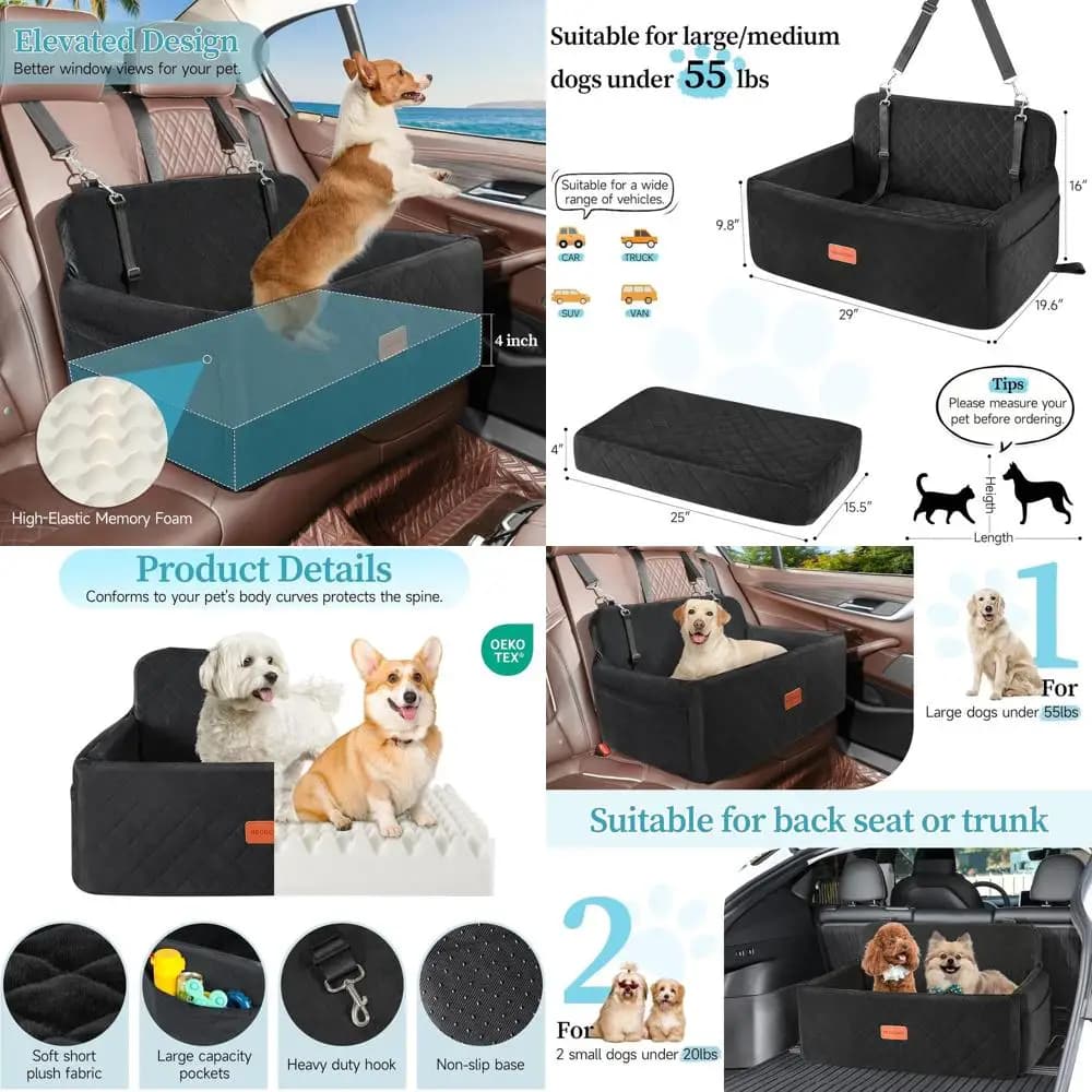Seggiolino auto per cani di taglia media/grande, con cuscino rimovibile e lavabile, 2 guinzagli di sicurezza per cani sotto i 25 kg o 2 cani di piccola taglia