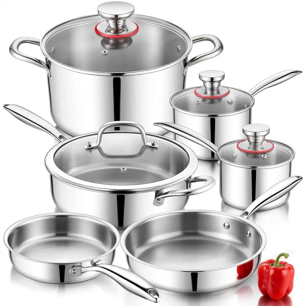 Set of 6 pots and pans, Set of 10 pieces Stainless Steel for Kitchen, Suitable for Induction Plates and Ovens, Tiles, Pots