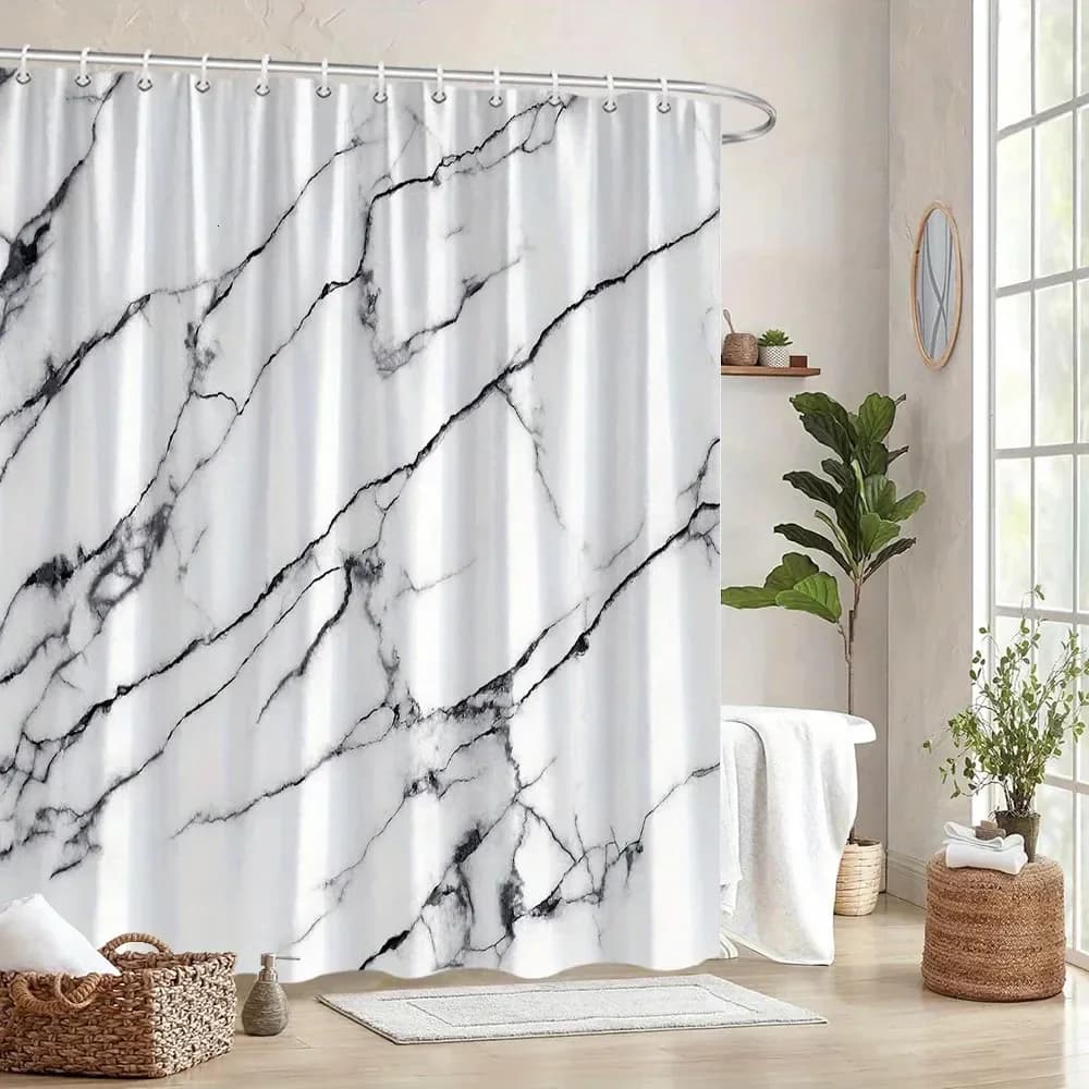 Tenda da doccia con stampa marmo bianco, motivo moderno effetto pietra, tenda da bagno impermeabile in poliestere con ganci
