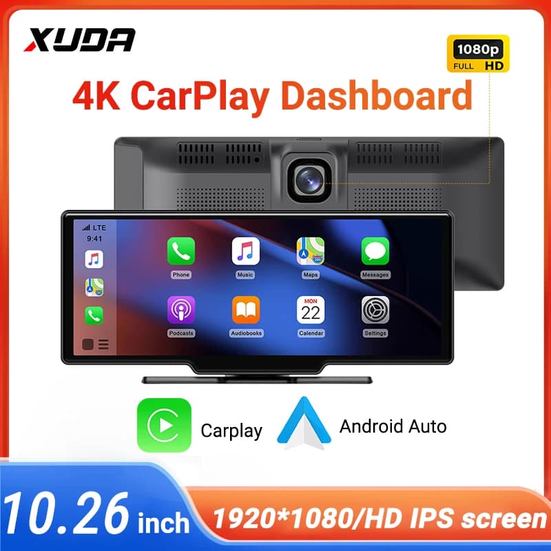 XUDA NUOVO 10.26 pollici 4K DVR Wireless CarPlay e Android Auto Portatile Dash Cam IPS Touch Screen Bluetooth Audio Doppia Lente Registratore