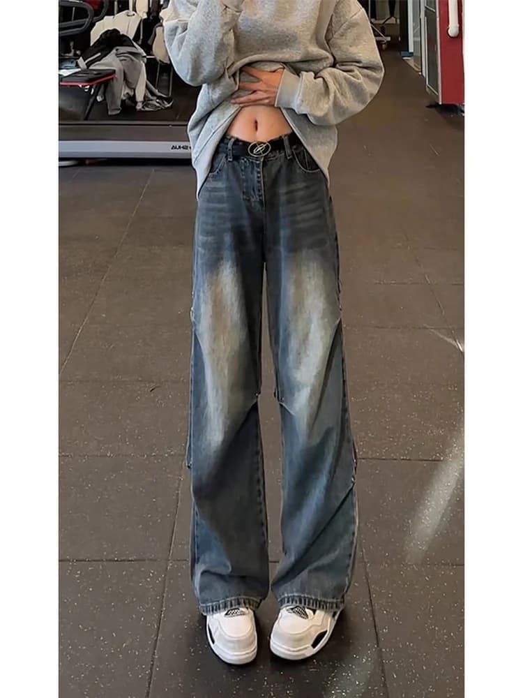 Retro Blue Pleated Men's Jeans American High Street Straight Leg Trendy Brand Handsome Long Leg Wide Leg Workwear Pants