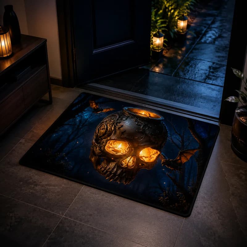 VIKAMA Halloween Skull and Bat Welcome Mat, Washable Non-Slip Bath Door Mat, Kitchen Bedroom Rug, Holiday Home Decor