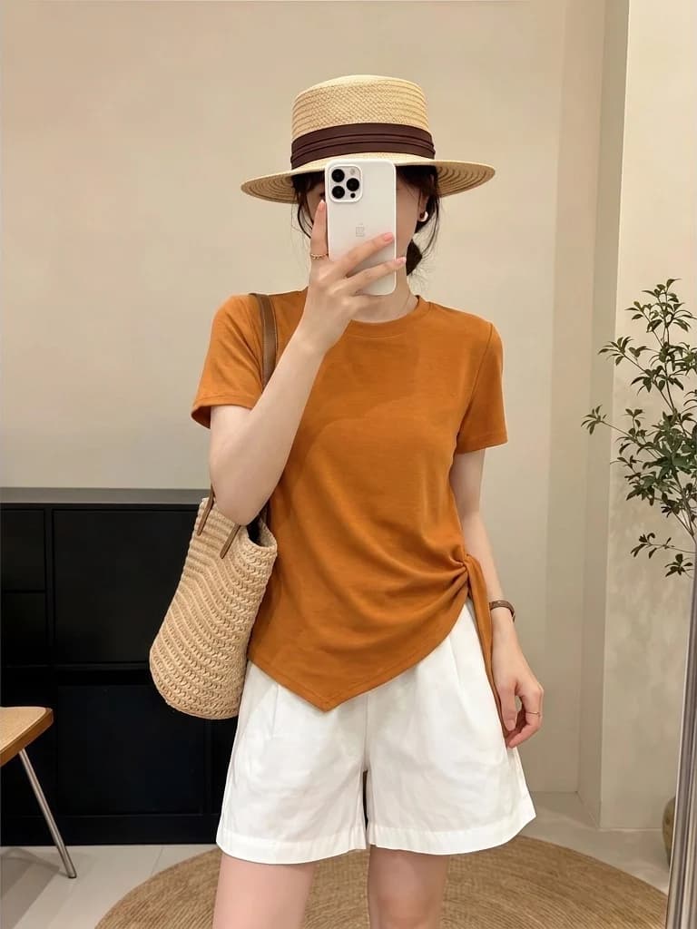 Orange Pumpkin Short Sleeve T-Shirt Women's Summer New plus Size Fat MM Belt Waist Slimming Top Korean Style Loose Fit Commute