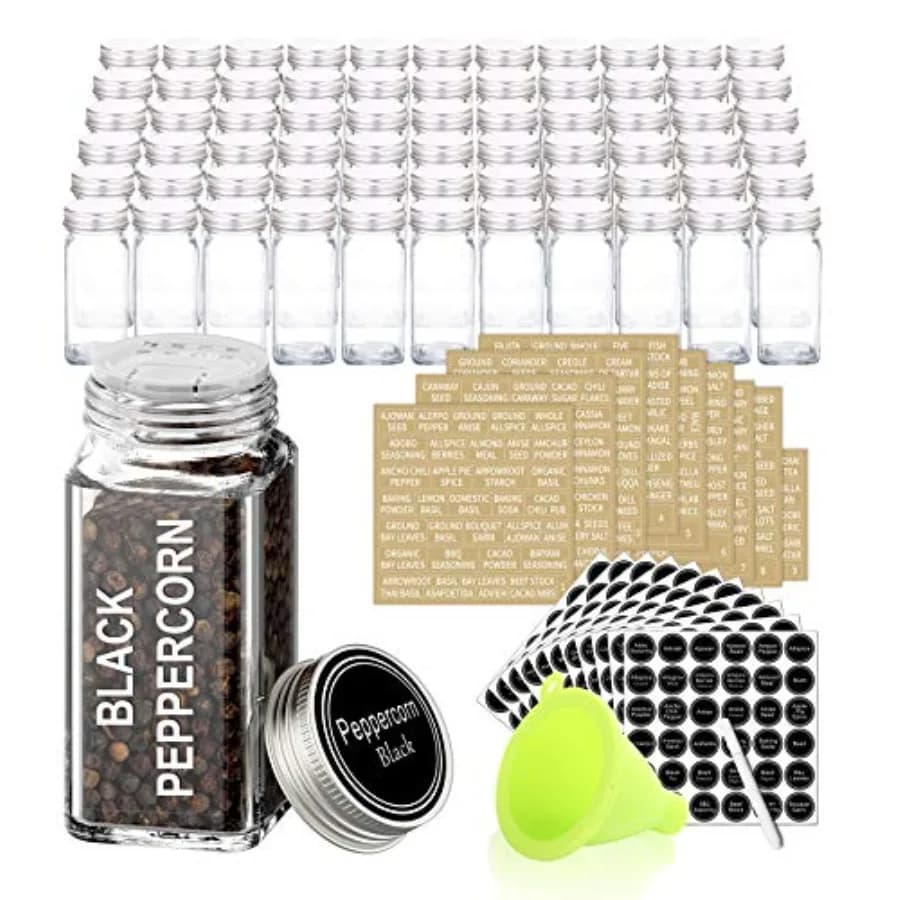 Glass Spice Jars with 703 Spice Labels Chalk Marker and Funnel Complete Set. Square Glass Jars 4oz Airtight Cap Pour/sift Shake