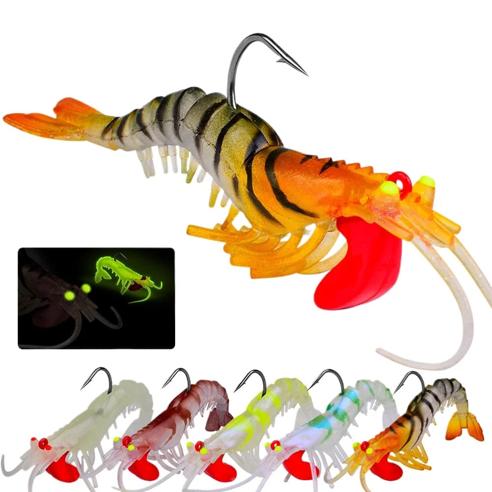 【5 pezzi】 Esca per gamberetti morbida a 5 sezioni che si illumina al buio con testa di piombo 7,3 cm 10 cm 13,5 cm Esca da pesca